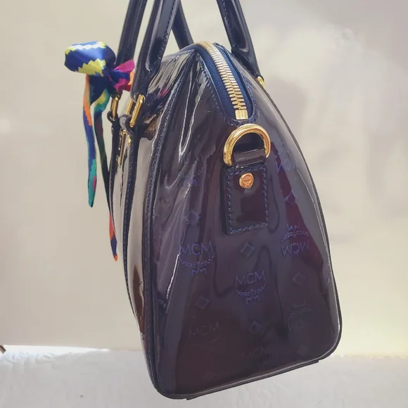 MCM Patent Embossed Satchel Crossbody Bag Ombre Brown Blue Purple - Picture 3 of 16